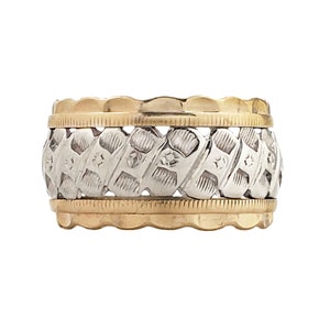 Vintage Two-Tone Solid 14K Gold Band - Decorative Wedding Ring - Size 6