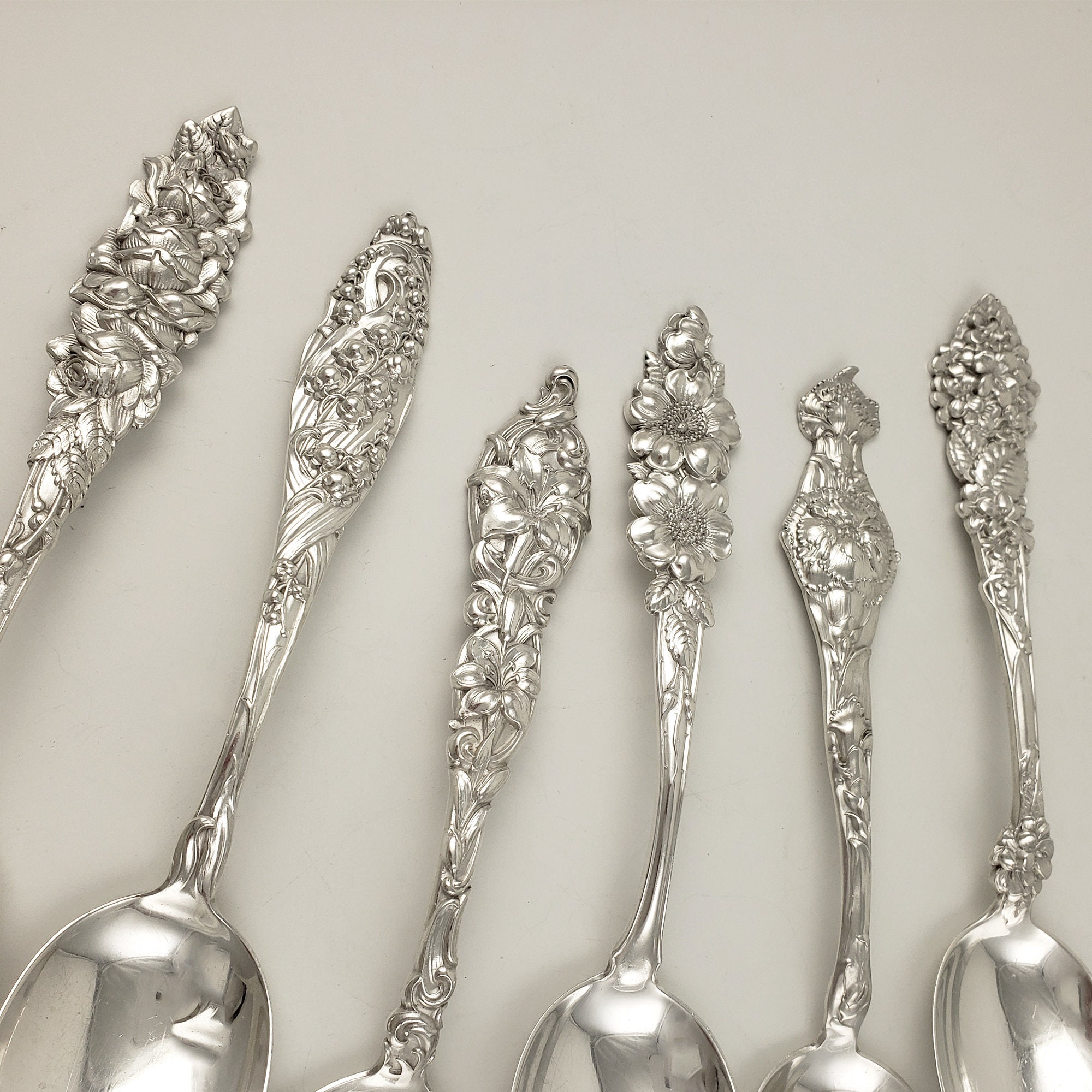 Set of 6 Antique Sterling Silver Spoons - Alvin 1900 Floral Series