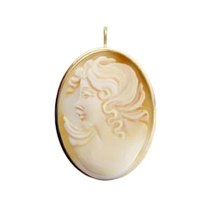 Vintage Shell Cameo Pendant Brooch in 14K Gold - Italy - 1 5/8&quot; Tall