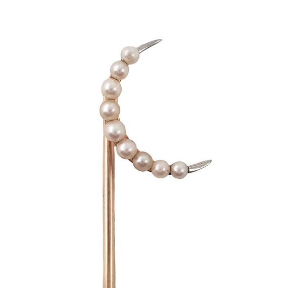 Antique 14K Gold and Pearl Crescent Moon Stickpin… - image 1