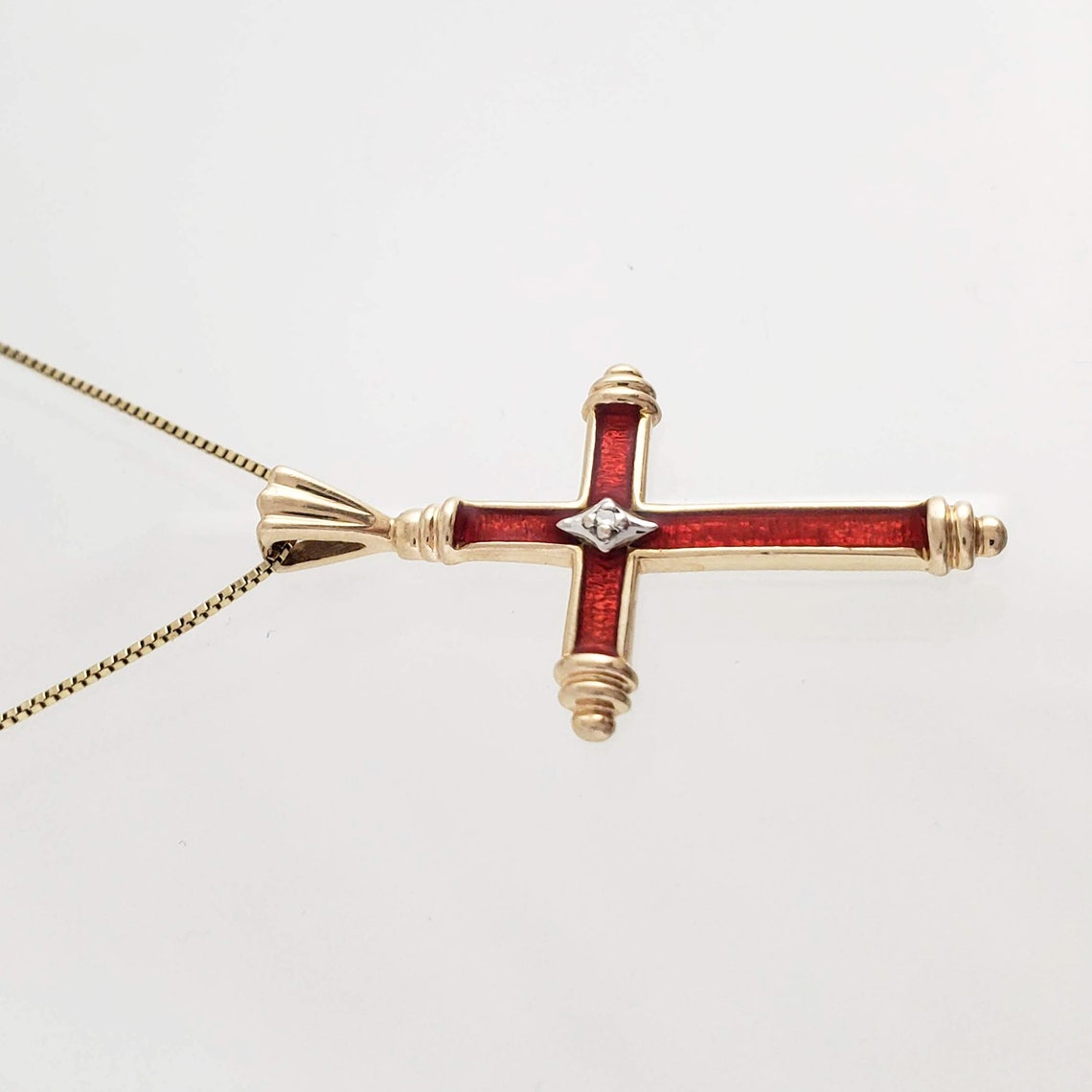 14K Gold Cross Necklace with Red Enamel and Diamond Etsy