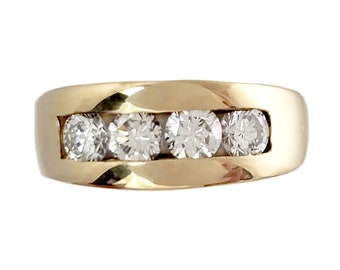 May include: A gold band with five round diamonds set in a channel setting.