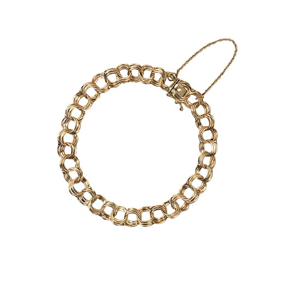 Vintage Solid 14K Gold Triple Link Charm Bracelet With Safety