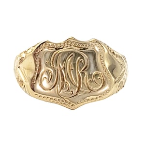 Antique Solid 14K Gold Shield Signet Ring - Original  Hand Engraved MR Monogram - Size 10