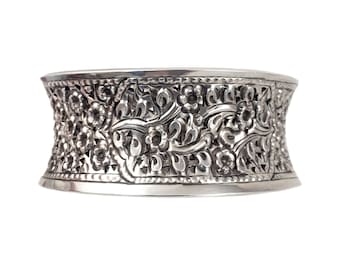 Sterling Silver Cuff Bracelet with Textured Floral Design - 6.5" Circumference