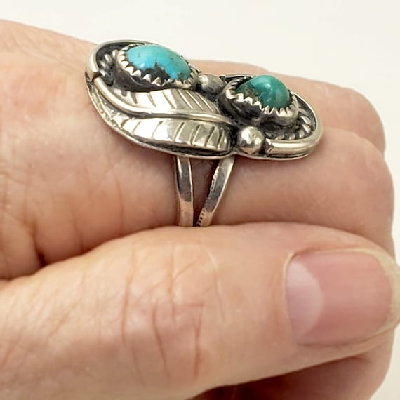 Silver and Double Turquoise Ring Signed E Ration … - image 9