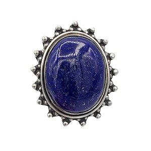 Large Lapis Ring in Sterling Silver with Beaded Frame - Triple Band - Size 6