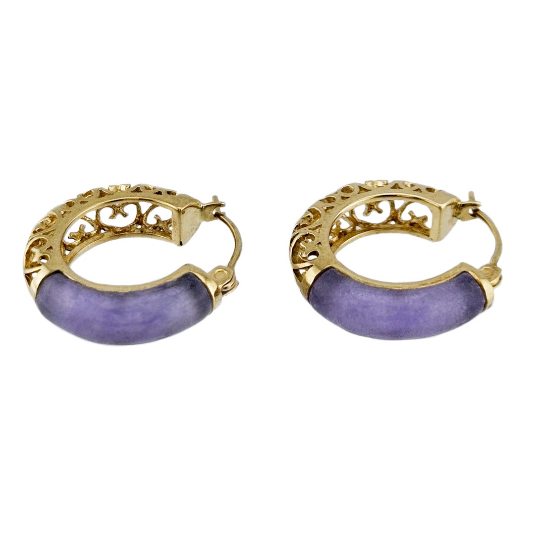 14K Gold and Lavender Jade Hoop Earrings - Filigree Design
