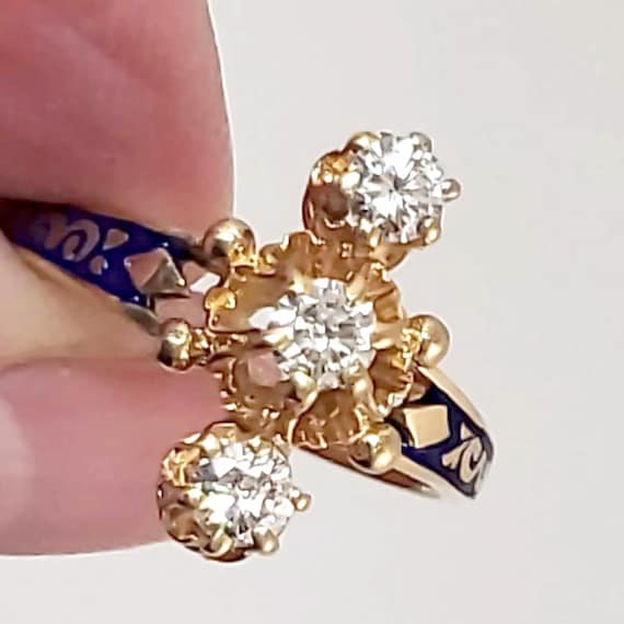 Enameled 14K Gold & 3 Diamond Ring  - Outstanding… - image 2