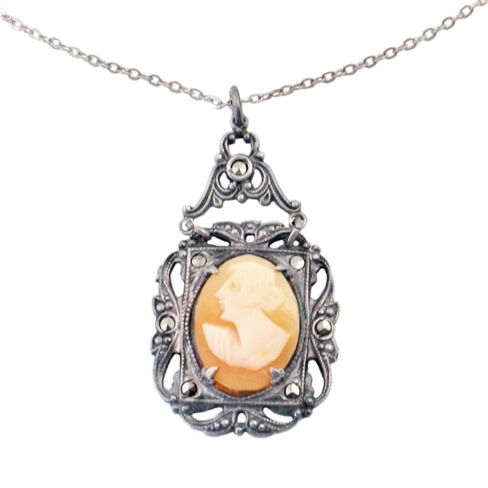 Antique Sterling Silver Cameo Necklace: 1930s Shell Pendant, Marcasite ...