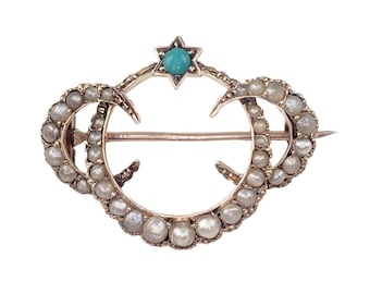Small Victorian Brooch in 9K Gold, Seed Pearls and Turquoise - 1" Wide