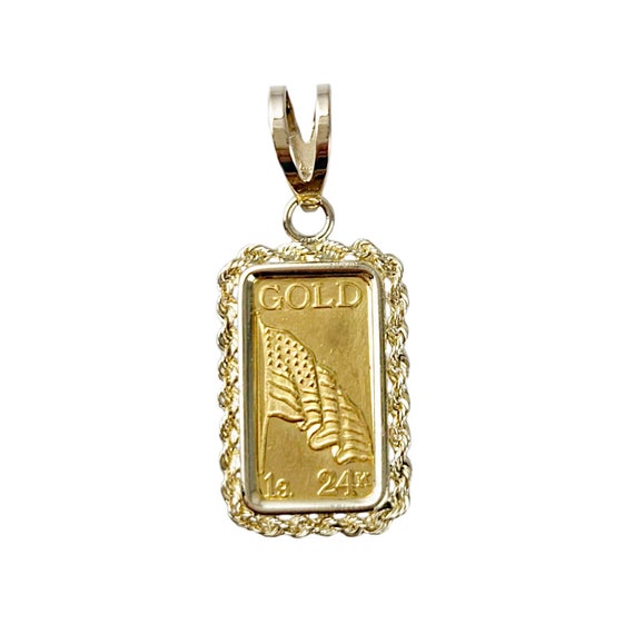 One Gram Fine 24K Pure Gold Bullion Pendant in 14K Bezel US Flag 1