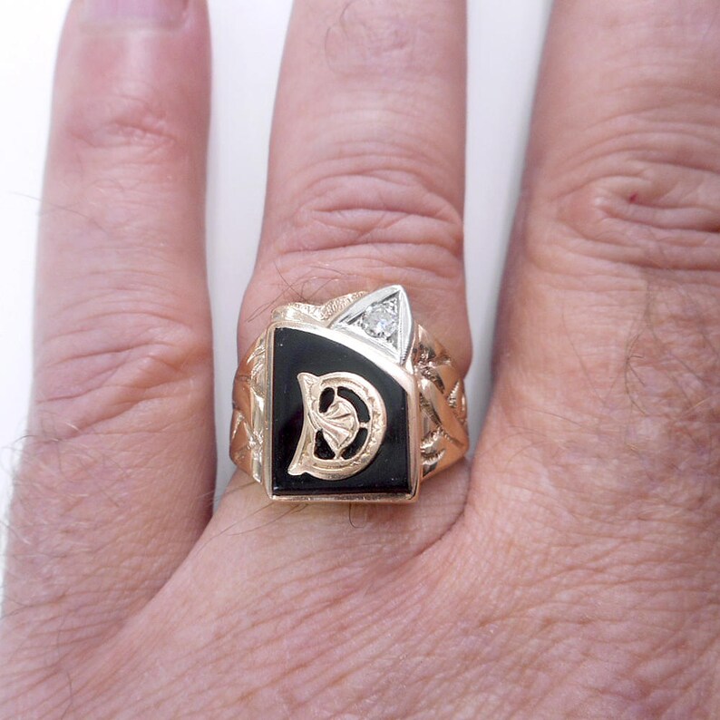 Mens 10K Gold Diamond & Black Onyx Initial Ring Letter D Etsy