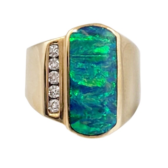 14K Gold, Black Opal & Diamond Ring - Unique Cont… - image 1