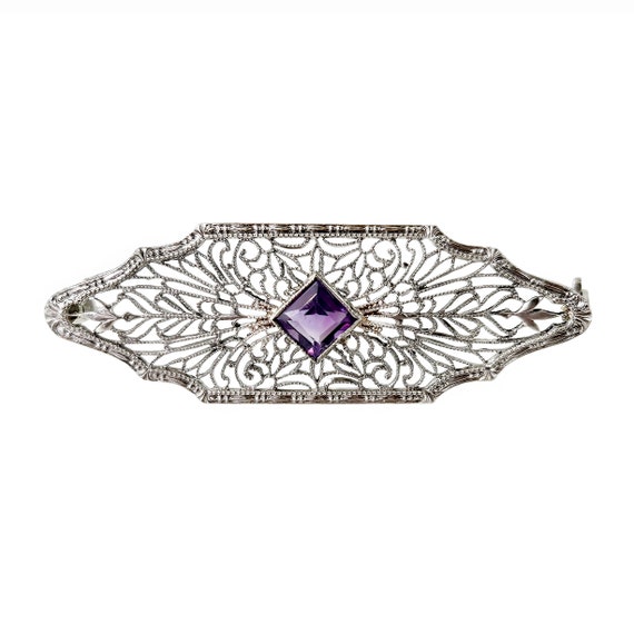 Edwardian Brooch in 14K White Gold and Amethyst - 