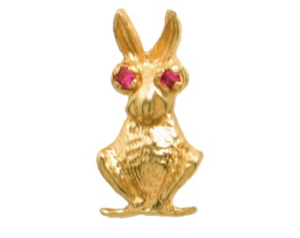 Vintage 14K Gold Tie Tack - Unusual Kangaroo or Rabbit Figure with Ruby Eyes - Lapel Pin - 5/8" Tall