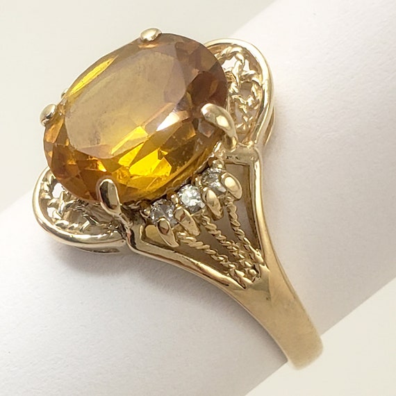 14K Gold and Citrine Ring with Diamonds - Filigre… - image 3