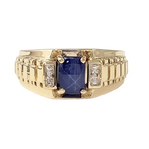 Mens Star Sapphire Ring in 10K Gold with Diamonds - Geometric Design - Size 10.5