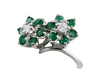 Vintage Emerald and Diamond Ring in 14K White Gold - Two Flowers - Size 7