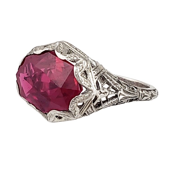 Art Deco 18K White Gold & Synthetic Ruby Ring - 19