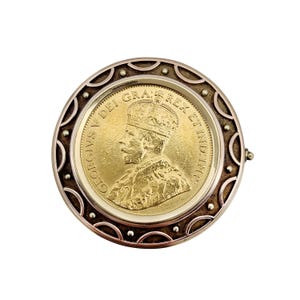 1913 Canada 5 Dollar Gold Coin Brooch with Antique Decorative Frame - 1 3/16&quot; Diameter