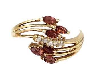 14K Gold & Garnet Ring with Diamonds - Delicate Spray Design - Size 8.25