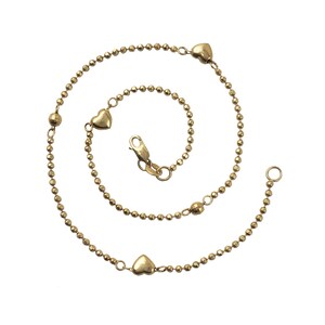 Sexy 14K Gold Bead Chain Anklet with Hearts - 10 3/8&quot; Long