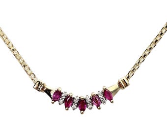Estate 14K Gold, Ruby and Diamond Short Necklace - 5 Rubies - 17" Long