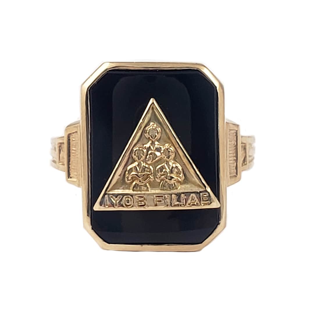 Vintage Job's Daughters Iyob Filae Ring in 10K Gold and Black Onyx