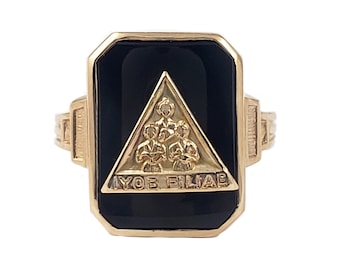 Vintage Job's Daughters Iyob Filae Ring in 10K Gold and Black Onyx