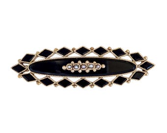 Victorian Mourning Brooch in 10K Gold Black Onyx Seed Pearls - 1.75" Wide