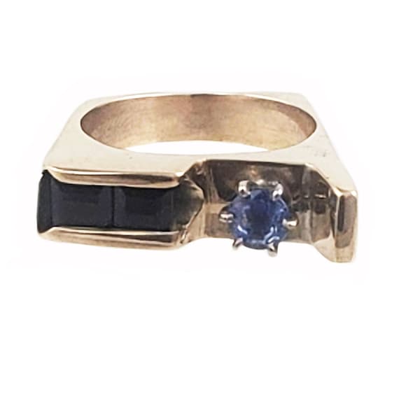 Modernist 14K Gold & Sapphire Ring • Unique Handc… - image 2