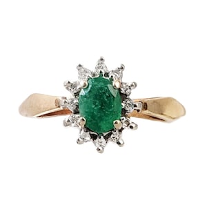 Vintage Emerald & Diamond Ring in 14K Gold - Oval Shape - Size 6.25
