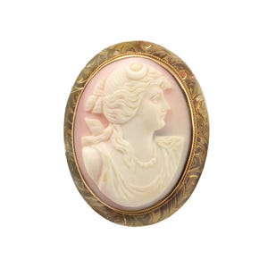 May include: A cameo brooch featuring a carved portrait of a woman in a white dress, set in a gold tone oval frame with an ornate design.