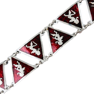 Red Enamel Siam Sterling Silver Link Bracelet with Dancers - Rare Vintage - 7.25&quot; Long