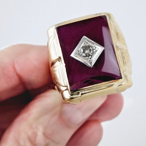 Vintage Mens 10K Gold and Ruby Ring with Diamond … - image 6