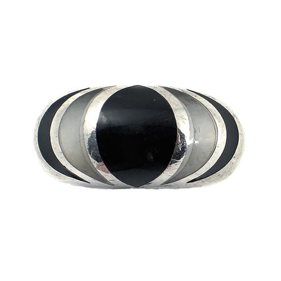 Vintage Sterling Silver Dome Ring: Faux Onyx & Mother of Pearl, Size 8