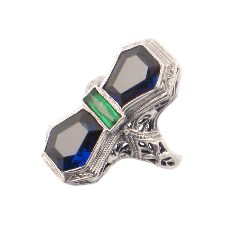Art Deco Pinky Ring 14K White Gold Simulated Sapphires & Etsy