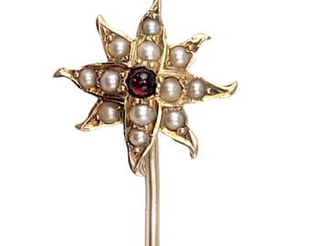 Victorian Starburst Stickpin in Solid 14K Gold with Seed Pearls and Garnet - 2" Long