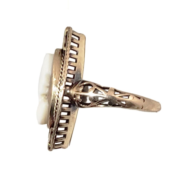 10K Gold and Shell Cameo in Ornate Setting Antique Cameo Ring Size 4