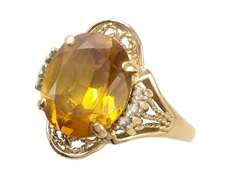 14K Gold and Citrine Ring with Diamonds - Filigree Setting - Size 10.5