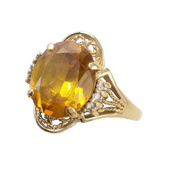 14K Gold and Citrine Ring with Diamonds - Filigre… - image 1