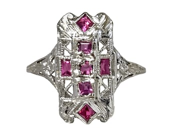Art Deco 14K White Gold Filigree Ring with Rubies - Size 7.25