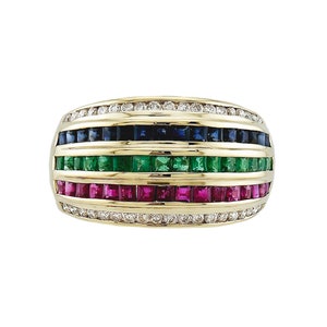 May include: A gold band ring with a row of diamonds, sapphires, emeralds, and rubies.