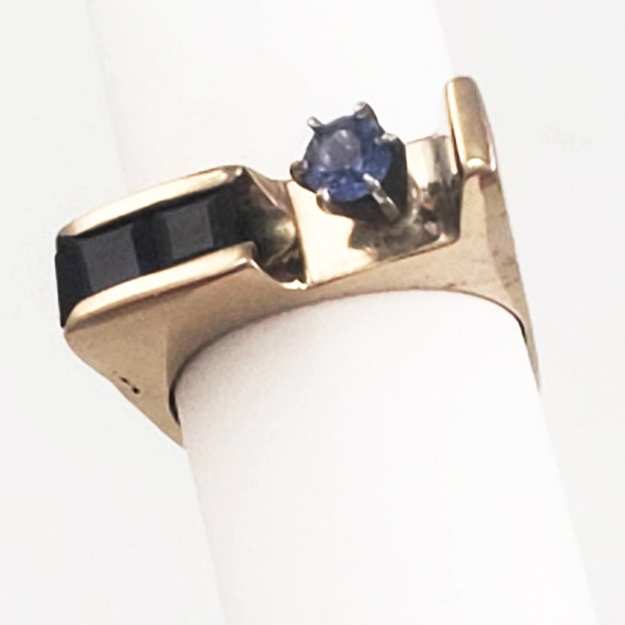 Modernist 14K Gold & Sapphire Ring • Unique Handc… - image 4