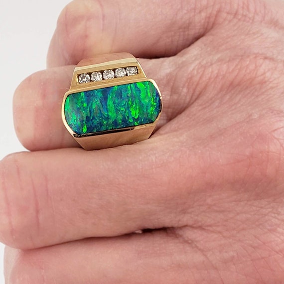 14K Gold, Black Opal & Diamond Ring - Unique Cont… - image 8