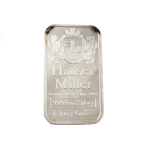 Rare Hauser Miller 1 Oz Fine Silver Bar with 1987 Corporate Sponsor Back - 2&quot; Tall