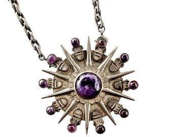 Important William Spratling Sterling Silver Amethyst Necklace: 1940s Mexican Celestial 21"