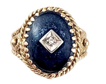 Vintage 10K Gold and Blue Stone Twisted Wire Ring with Diamond - Size 8