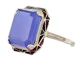 Art Deco Chalcedony Ring: 14K White Gold, Enameled Egyptian Revival, Size 5.75